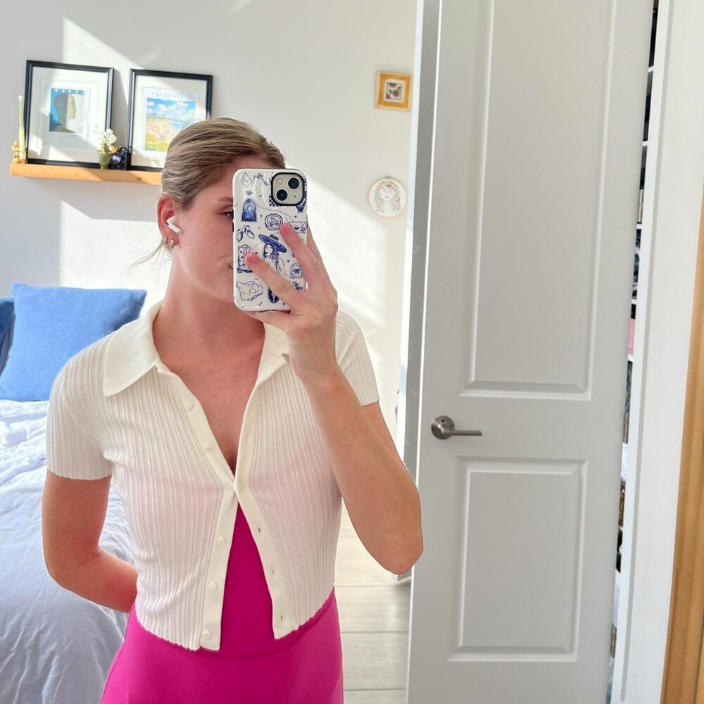 White Fitted Ribbed Button Down